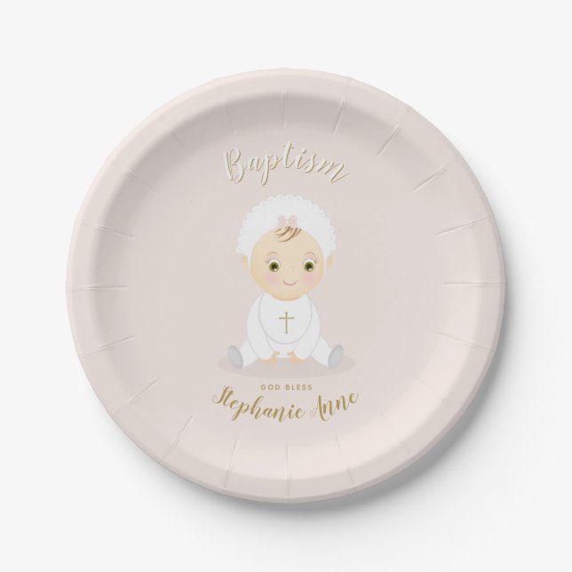 Baptism Baby Girl with Bonnet Paper Plate (Front)