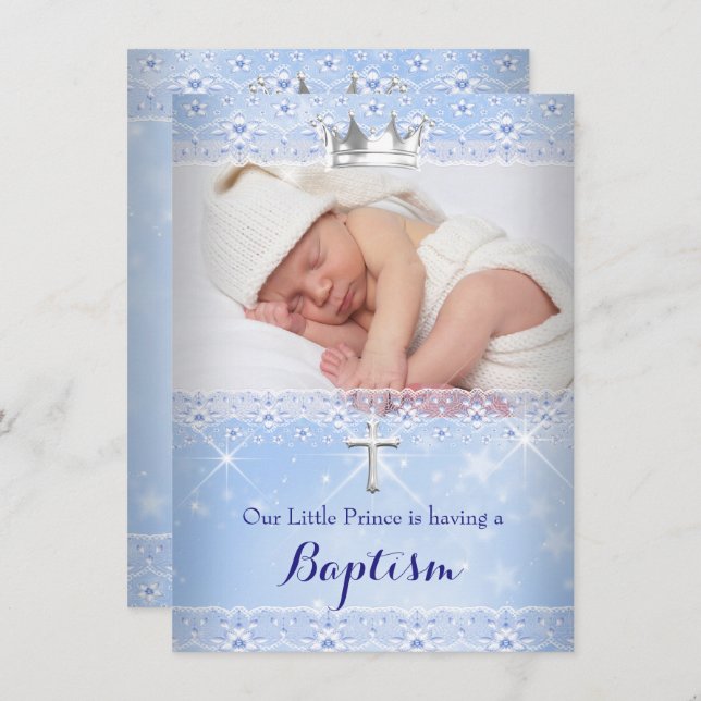 Baptism Baby Photo of Boy Blue Crown Invitation (Front/Back)