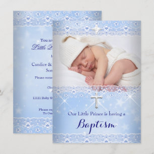 Baptism Baby Photo of Boy Blue Lace Invitation