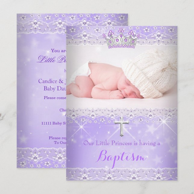 Baptism Baby Photo of Girl Lilac Purple Tiara Invitation (Front/Back)