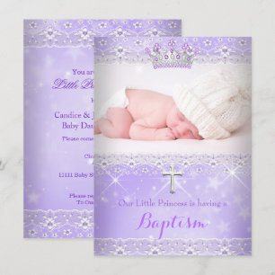 Baptism Baby Photo of Girl Lilac Purple Tiara Invitation