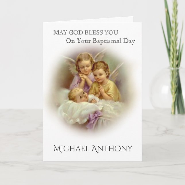 Baptism Baby with praying Angels Catholic Card (Front)