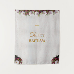 Baptism Backdrop Gold Cross Burgundy Peony Marble Tapestry