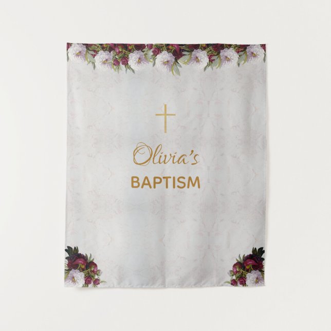 Baptism Backdrop Gold Cross Burgundy Peony Marble Tapestry (Front)