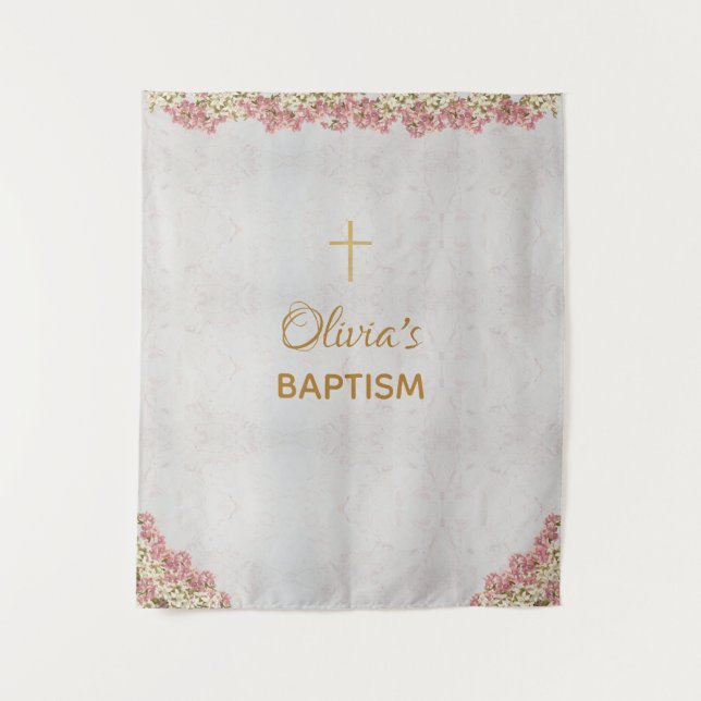 Baptism Backdrop Gold Cross Pink Orchids Marble Tapestry (Front)