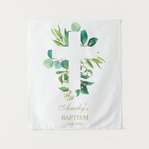 Baptism Backdrop - Greenery Eucalyptus Cross Tapestry