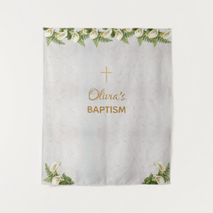 Baptism Backdrop Marble Gold Cross Calla Lilies Tapestry