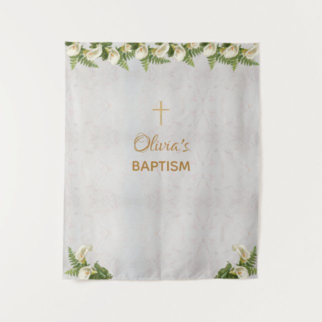 Baptism Backdrop Marble Gold Cross Calla Lilies Tapestry (Front)
