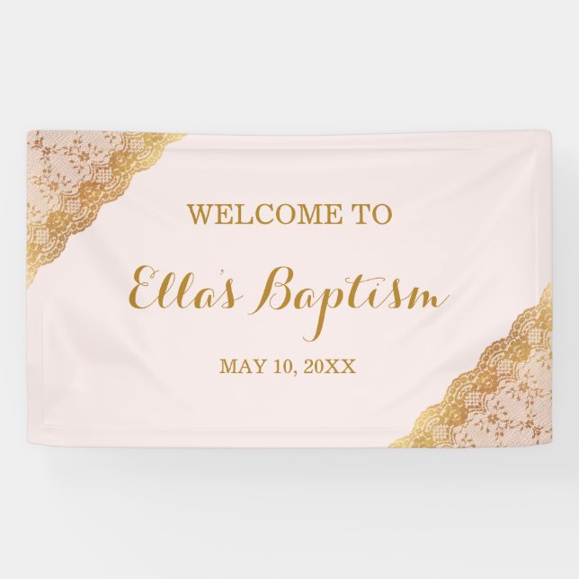Baptism Banner Pink Gold Lace (Horizontal)