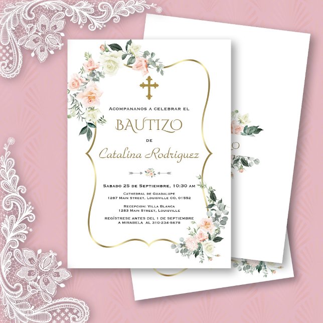 Baptism Bautizo con Flores Watercolor Floral Gold  Invitation (pink white flowers bautizo invite, trendy modern  elegant floral gold bautizo invitation, spanish )