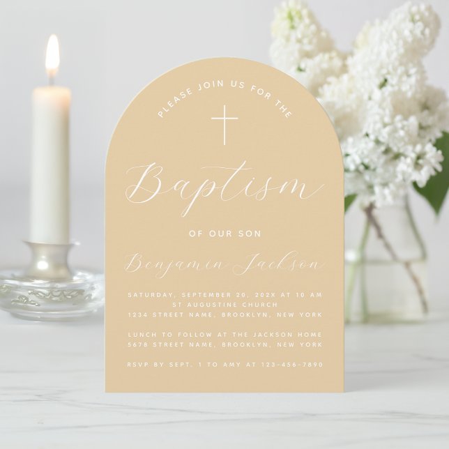 Baptism Beige Arch Simple Script Cross Light Brown Invitation (Creator Uploaded)