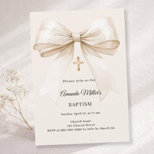 Baptism beige bow Elegant Invitation