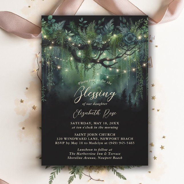 Baptism Blessing Enchanted Garden Fairytale Floral Invitation (baptism invitation christening enchanted forest garden botanical greenery emerald gold floral)