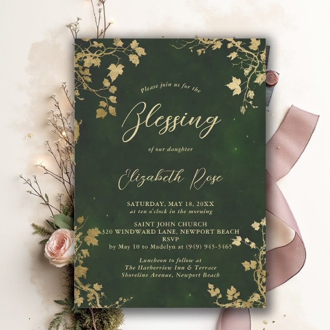 Baptism Blessing Enchanted Garden Fairytale Green Invitation (baptism invitation christening enchanted forest garden botanical greenery hunter green gold)