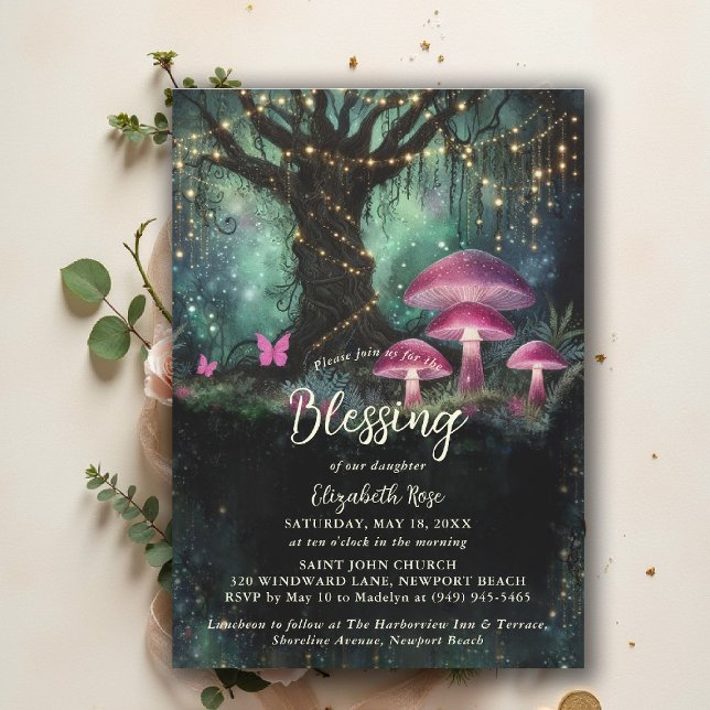 Baptism Blessing Enchanted Garden Forest Mushrooms Invitation (baptism invitation christening enchanted forest garden botanical greenery mushrooms butterflies)