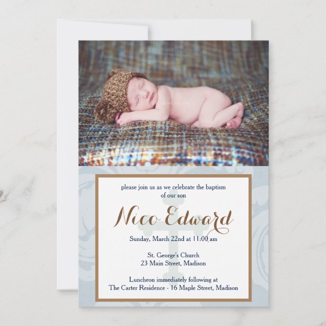 Baptism Blessings Blue Christening Invitation (Front)