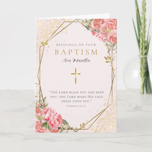 Baptism Blessings Pink Floral Greeting Card (Front)