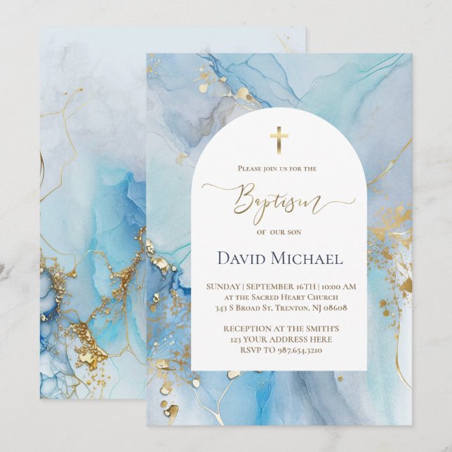 Baptism blue alcohol ink invitation (Front/Back)