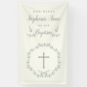 Baptism Blue and Green Leaf Wreath Banner