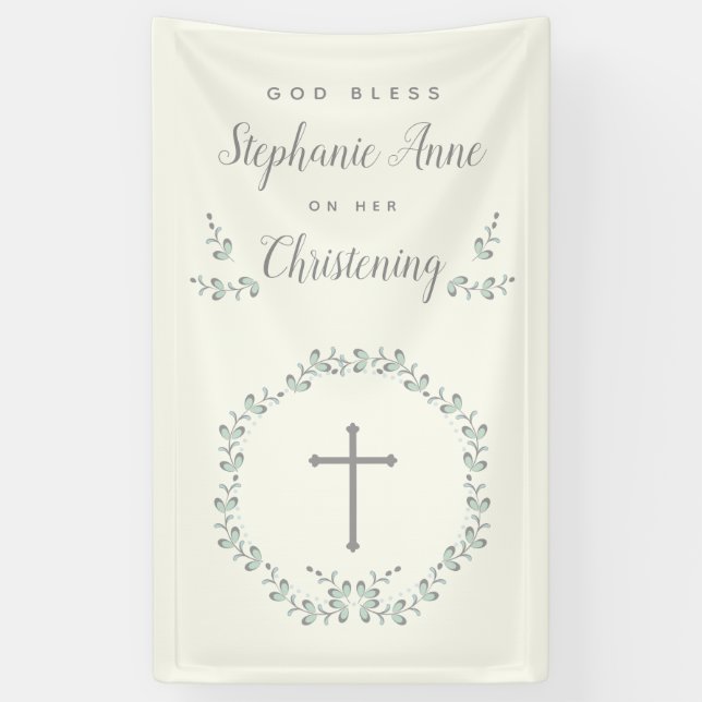 Baptism Blue and Green Leaf Wreath Banner (Vertical)