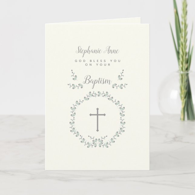 Baptism Blue and Green Leaf Wreath Card (Front)