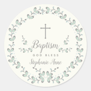 Baptism Blue and Green Leaf Wreath Classic Round Sticker