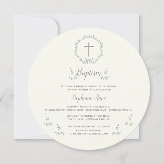Baptism Blue and Green Leaf Wreath Invitation (Front)