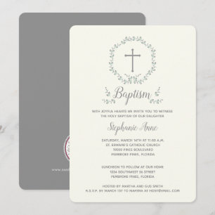 Baptism Blue and Green Leaf Wreath Invitation