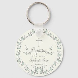 Baptism Blue and Green Leaf Wreath Key Ring