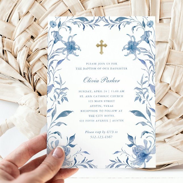 Baptism | Blue and White Floral Frame Chinoiserie Invitation (Creator Uploaded)