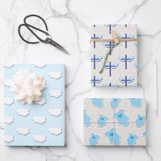 Baptism Blue Baby Cloud Cross Wrapping Paper Sheet (Front)