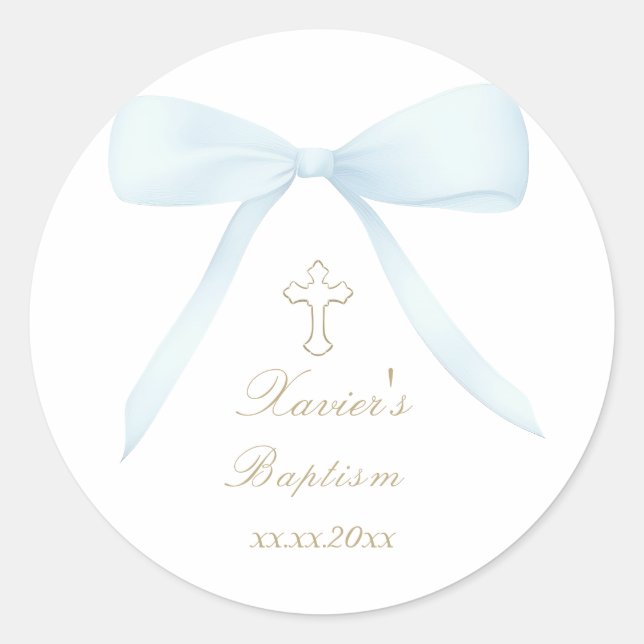 Baptism blue bow classic round sticker (Front)