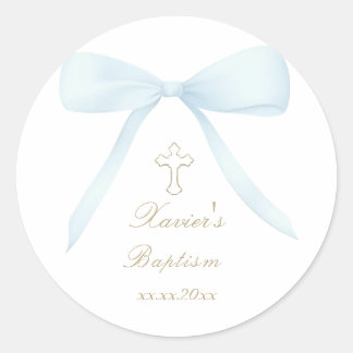 Baptism blue bow classic round sticker
