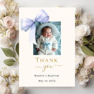 Baptism blue bow photo cream boy thank you card