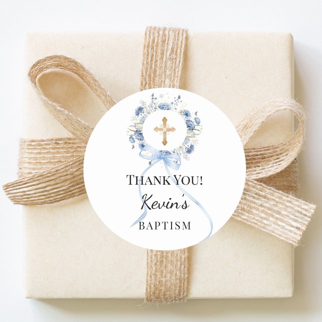 Baptism blue boy florals wreath cross thank you classic round sticker (Creator Uploaded)