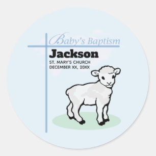 Baptism Blue Boy Lamb, Customisable Classic Round Sticker
