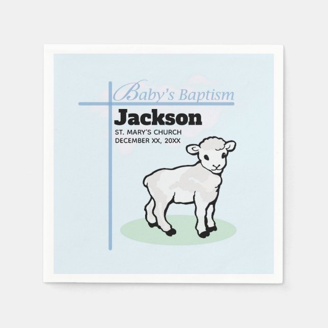 Baptism Blue Boy Lamb, Customisable Napkin (Front)