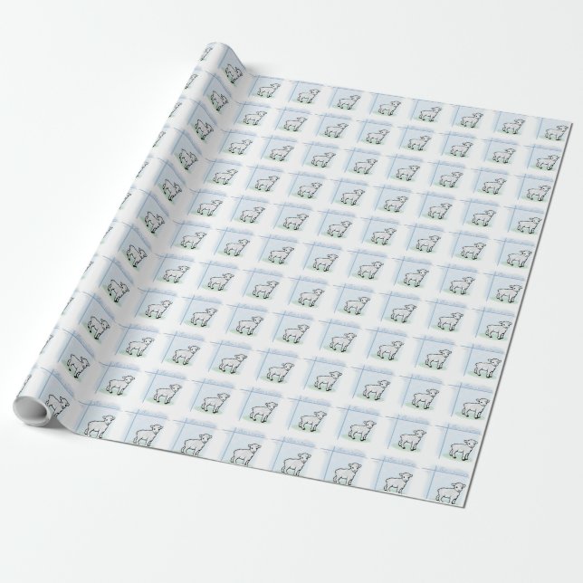 Baptism Blue Boy Lamb, Customisable Wrapping Paper (Unrolled)