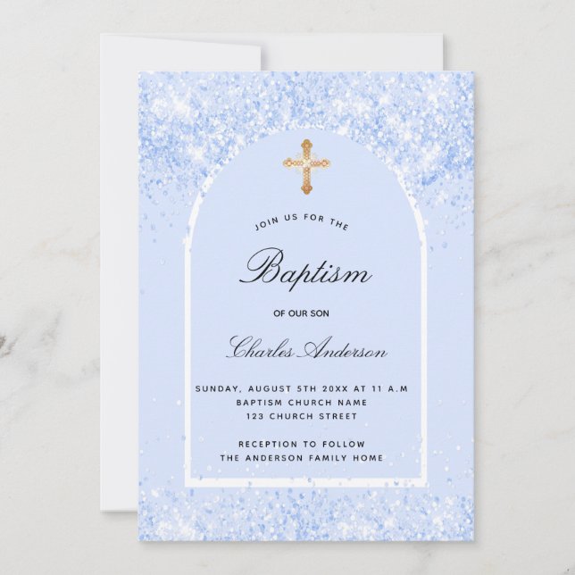 Baptism blue confetti arch boy invitation (Front)