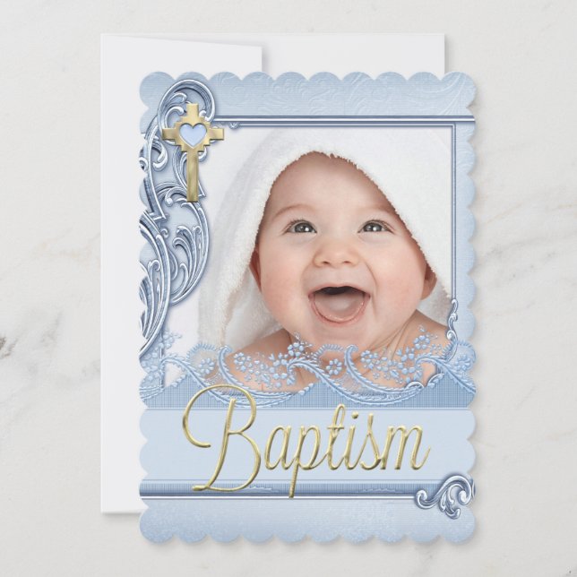Baptism Blue Cross Boy Christening Photo Invitation (Front)