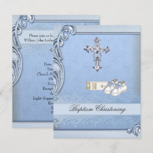Baptism Blue Cross Boy Damask Bible Shoes Invitation