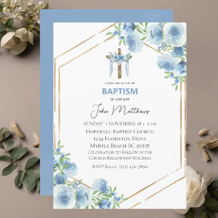 Baptism Blue Floral Draped Cross Boys Invitation