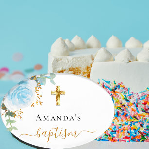 Baptism blue floral eucalyptus boy rose gold cake pick