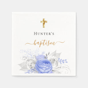 Baptism blue floral white elegant name script boy napkin