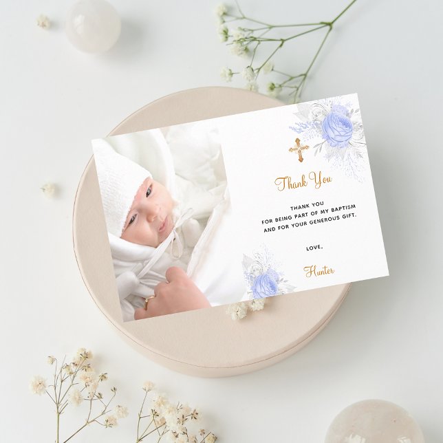 Baptism blue florals custom photo gold boy thank you card (Creator Uploaded)