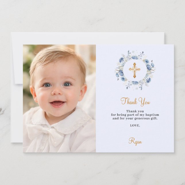 Baptism blue florals photo boy gold cross thank you card (Front)