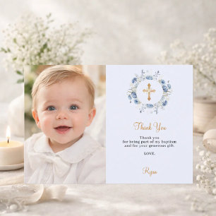 Baptism blue florals photo boy gold cross thank you card