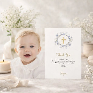 Baptism blue florals photo boy thank you card