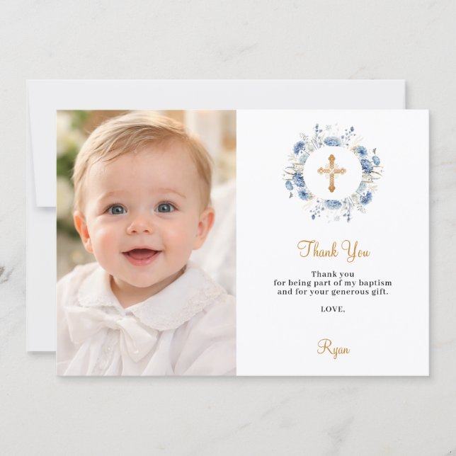 Baptism blue florals photo thank you card (Front)
