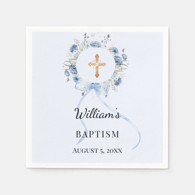 Baptism blue florals wreath boy cross napkin (Front)